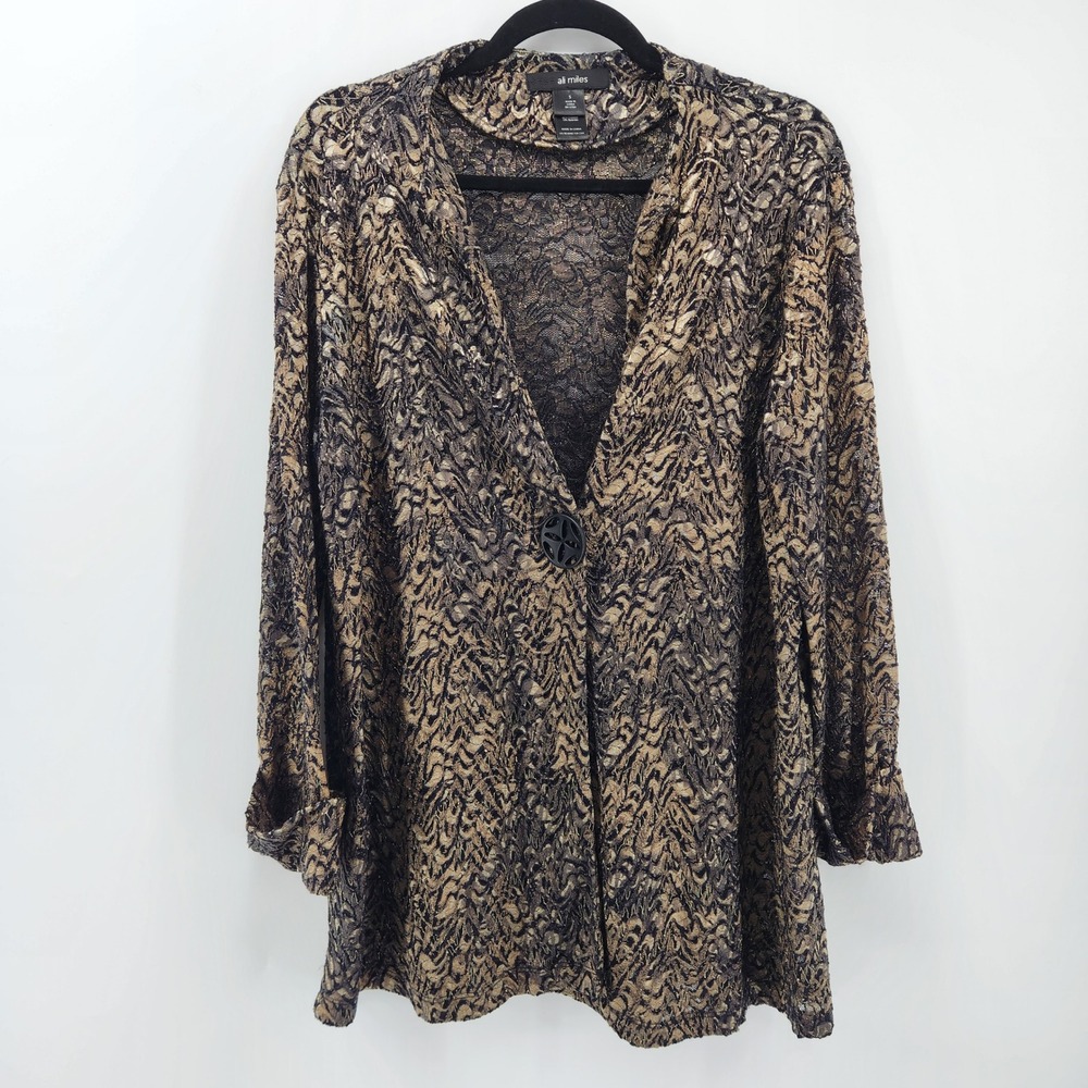 Ali Miles Womens Small Black Gold Lace Overlay Button Front Long Sleeve Cardigan
